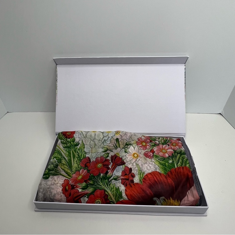 Johnny Was Vibrant Floral Scarf with Orange and Grey Border Tassels on Corners - Picture 8 of 9